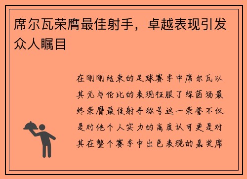席尔瓦荣膺最佳射手，卓越表现引发众人瞩目