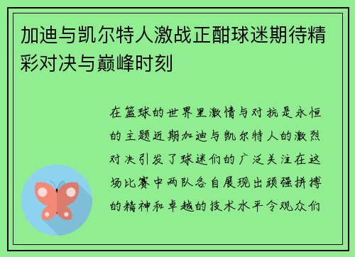 加迪与凯尔特人激战正酣球迷期待精彩对决与巅峰时刻