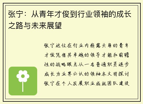 张宁：从青年才俊到行业领袖的成长之路与未来展望